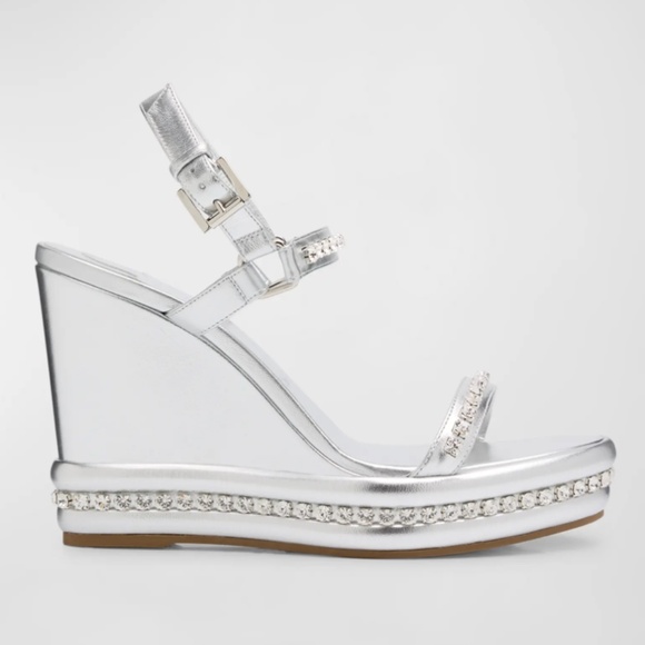 Christian Louboutin Metallic Strass Red Sole Wedge Sandals - Picture 5 of 9